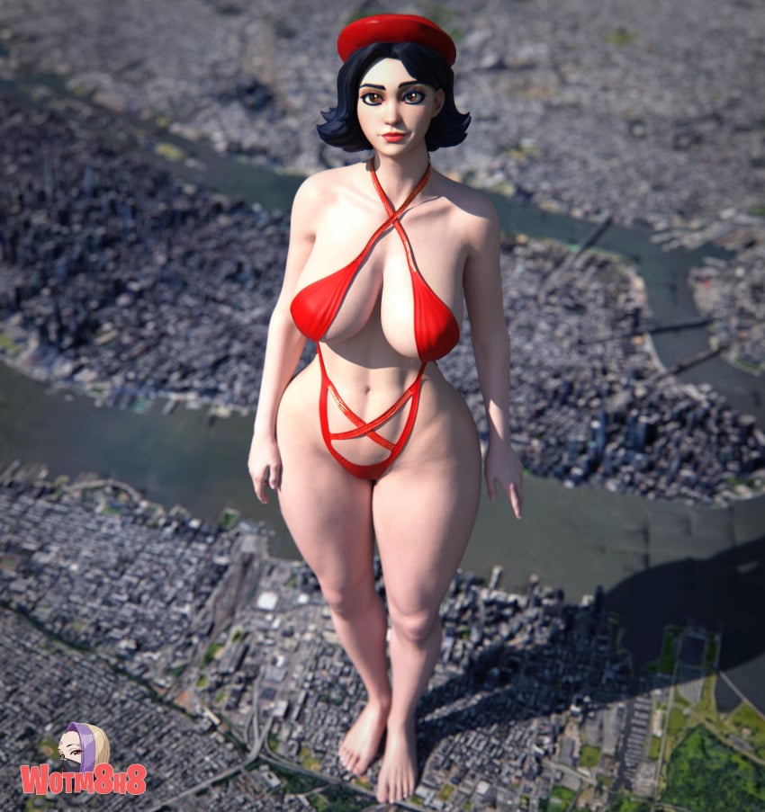 3d 3d_(artwork) abs big_breasts black_hair breasts brown_eyes female female_only fortnite fortnite:_battle_royale giantess looking_at_viewer looking_up rue_(fortnite) solo solo_female solo_focus swimsuit thick_thighs wide_hips wotm8h8