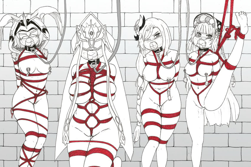 4girls absurdres arm_behind_back arms_behind_back between_breasts black_and_white black_choker blush bondage bound bound_arms bound_legs bound_together breast_bondage breasts choker clothes_gag crotch_rope dungeon ecchinoidea electro_cicin_mage_(genshin_impact) fatui fatui_mirror_maiden_(genshin_impact) female femsub gag gagged genshin_impact headwear_request highres improvised_gag kidnapped leash leg_up looking_at_another looking_at_viewer moontraveller multiple_girls multiple_subs nipple_bondage nipple_clamps nipple_piercing nipple_tweak nipples no_bra no_panties nude panties panty_gag piercing red_rope restrained rope shenhe_(genshin_impact) underwear yun_jin_(genshin_impact)