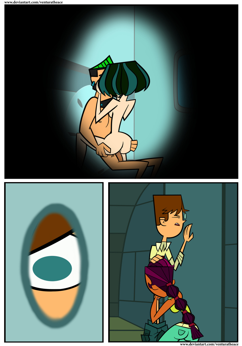 2boys 2girls accurate_art_style ass_grab bathroom black_hair blowjob brunette cartoon_network clothes coderra cody_(tdi) comic cowgirl_position dark-skinned_female duncan_(tdi) dyed_hair faceless_female glory_hole goth_girl green_hair gwen_(tdi) kneeling light-skinned_male nude_female nude_male oral oral_sex pale-skinned_female pants_down peeping peeping_tom purple_hair sierra_(tdi) sucking teal_hair teletoon total_drama_island vaginal_penetration venturatheace white_female white_male