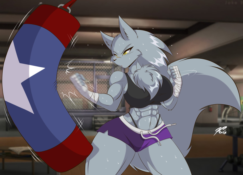 1girls 2022 anthro big_breasts breasts canine chest_tuft female female_only furry grey_fur hand_wraps mastergodai muscular muscular_female original original_character punch punching_bag shorts solo tail thick_thighs velvela_(rakkuguy) wide_hips wolf workout_clothes