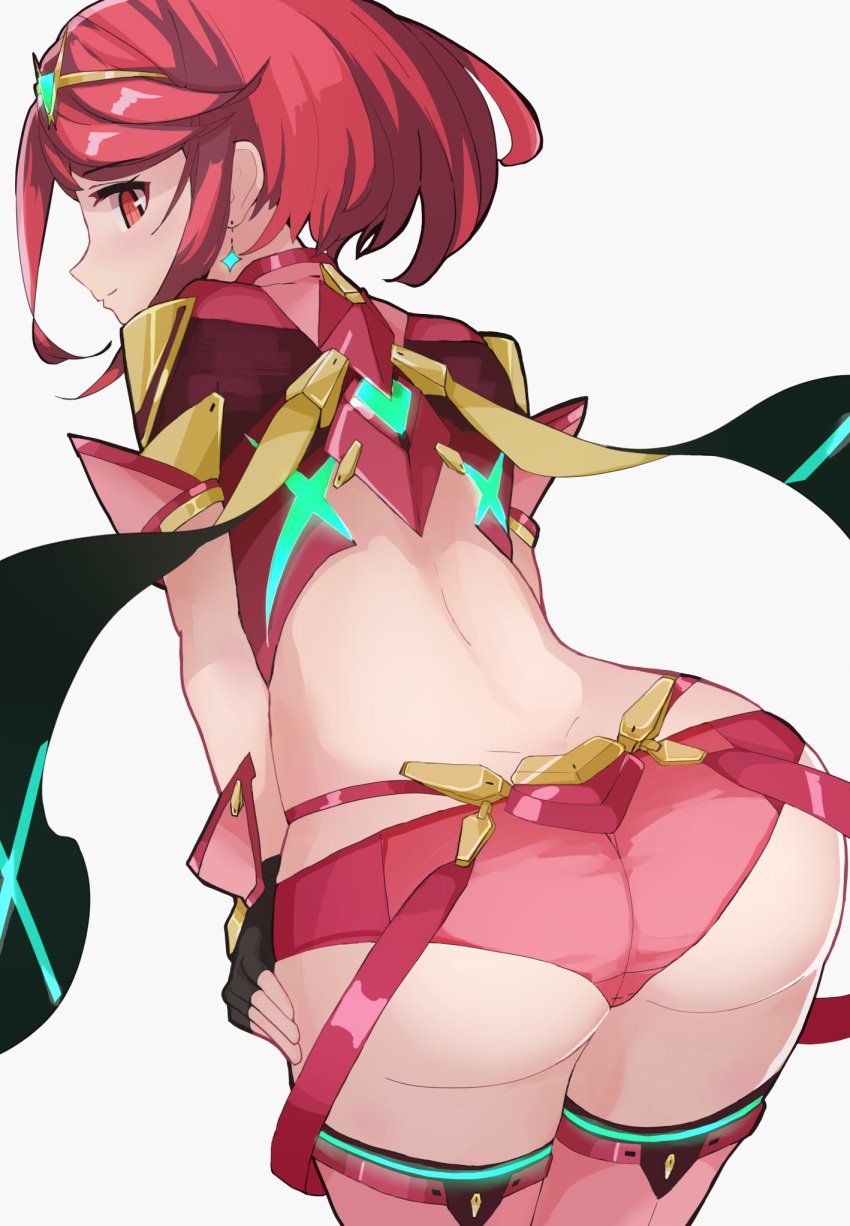 1girls ass back bangs black_gloves closed_mouth dangle_earrings dimples_of_venus earrings eyebrows_visible_through_hair female fingerless_gloves from_behind gloves headpiece highres huge_ass jewelry kitami_tsuzuka leaning_forward looking_at_viewer looking_back nintendo pyra red_eyes red_hair short_hair simple_background smile solo super_smash_bros. swept_bangs thighhighs thighs white_background xenoblade_chronicles_(series) xenoblade_chronicles_2