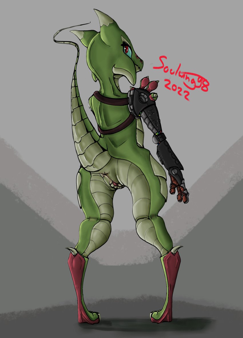 2022 anthro anus ass biped blue_eyes claws digital_media_(artwork) evamal_(soulwing98) female genitals gesture green_body green_scales heel_claw hi_res kobold pawpads prosthetic prosthetic_limb pussy raised_tail rear_view red_eyes red_pawpads scales scalie solo soulwing98 teasing toe_claws v_sign wide_hips