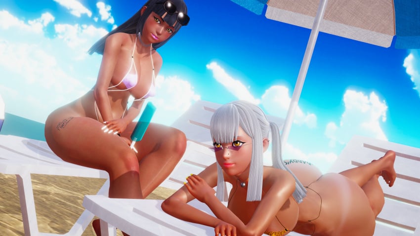 3d beach bimbo busty honey_select ice_cream kingdom_hearts looking_over_eyewear looking_over_glasses looking_over_sunglasses purple-tinted_eyewear roseza skuld_(kingdom_hearts) smile smiling sunglasses tan_skin tinted_eyewear urd_(kingdom_hearts)