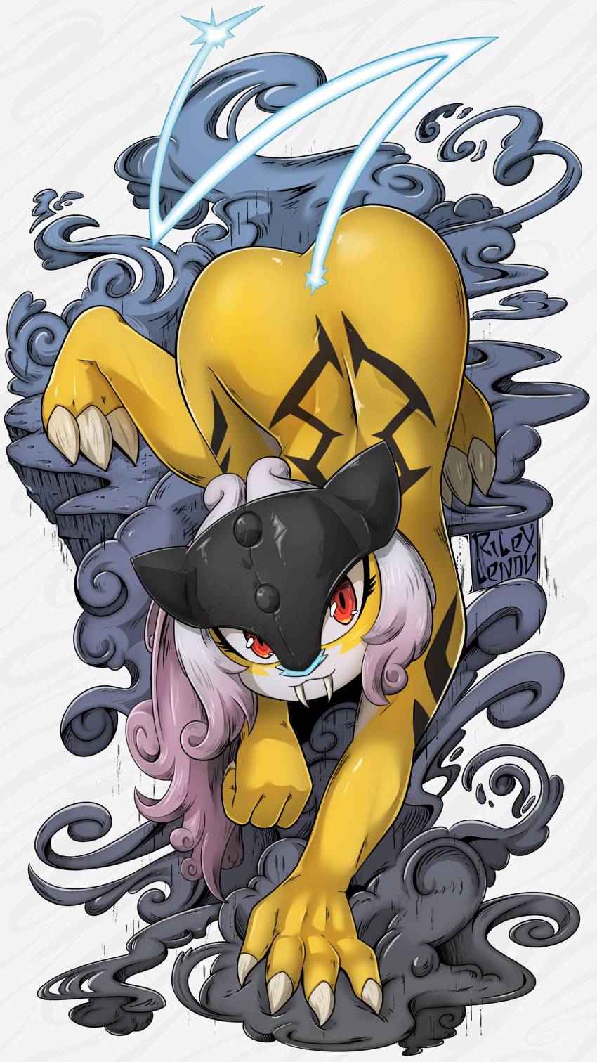 anthro anthrofied claws fangs female hair legendary_pokémon looking_at_viewer nintendo nude orange_eyes pokémon_(species) pokemon pokemon_only raikou rilex_lenov yellow_body