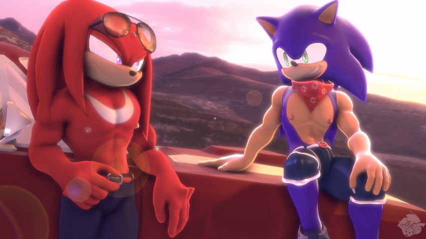 16:9 3d_(artwork) absurd_res anthro breasts clothed clothing digital_media_(artwork) duo echidna eulipotyphlan fur gehog_(series) hedgehog hi_res knuckles_the_echidna loafsfm male male/male mammal monotreme nipples sega simple_background smile sonic_(series) sonic_the_hed sonic_the_hedgehog source_filmmaker widescreen