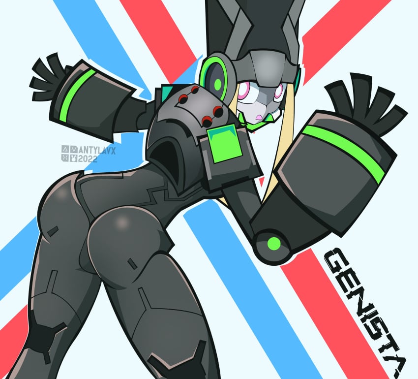 1girls antylavx ass ass_up background black_body darling_in_the_franxx female female_only female_robot genista genista_(darling_in_the_franxx) humanoid looking_back mecha mecha_musume nude_female pink_eyes robot robot_girl showing_ass