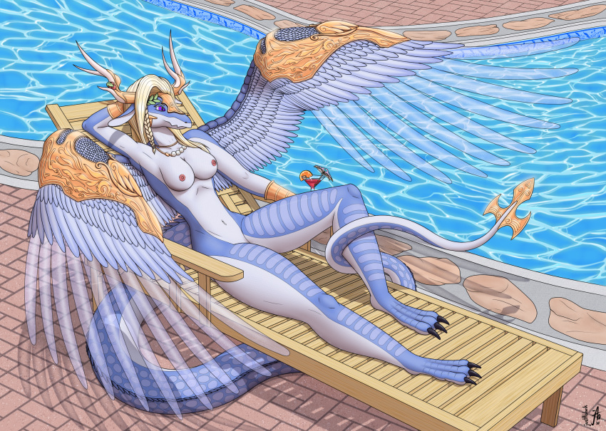 dragon duel_monster female hi_res justablank nipples nude saffira_queen_of_dragons solo spread_wings swimming_pool wings yu-gi-oh!