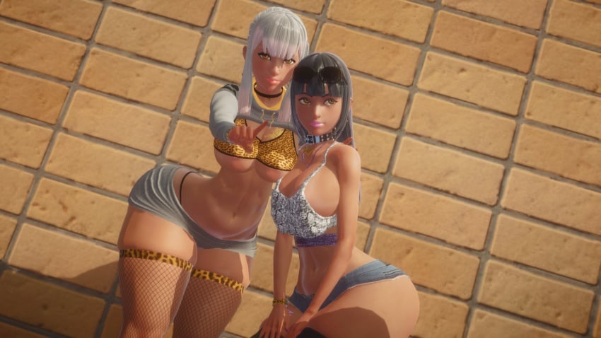 3d big_ass big_breasts bimbo black_hair gyaru honey_select kingdom_hearts leopard_print roseza short_skirt skuld_(kingdom_hearts) tan_skin urd_(kingdom_hearts) white_hair