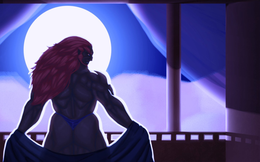 balcony bara bare_back dark_skin ganondorf ganondorf_(hyrule_warriors) green_skin hyrule_warriors looking_back_at_viewer male male_only moon muscular_male night nintendo purple_thong red_hair solo solo_male the_legend_of_zelda thedarkdjin undressing