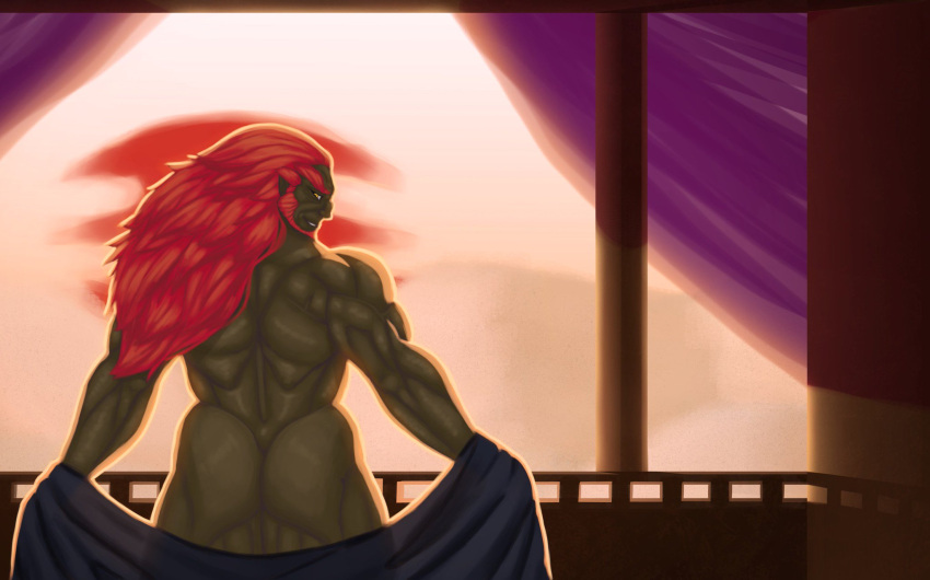 ass_focus balcony bara bare_ass bare_back casual dark_skin ganondorf ganondorf_(hyrule_warriors) green_skin hyrule_warriors looking_back_at_viewer male male_only muscular_male nintendo no_visible_genitalia nude red_hair solo solo_male sun sunset the_legend_of_zelda thedarkdjin undressing