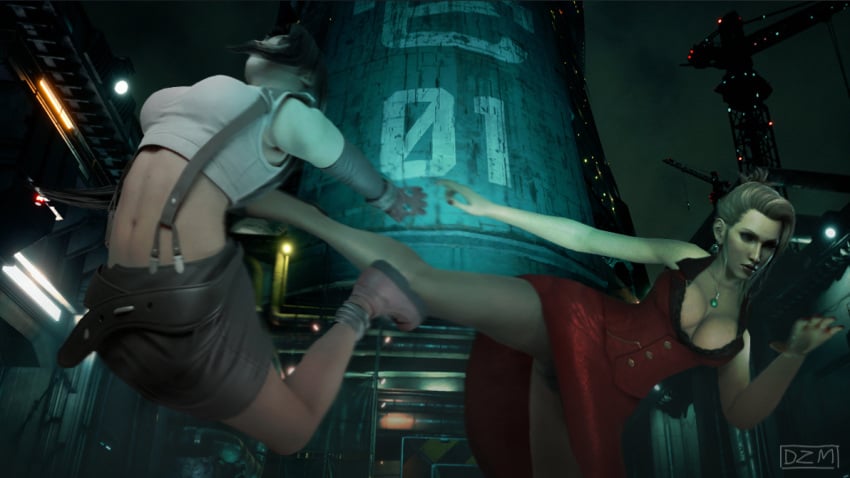 2girls 3d catfight delzelma female female_only final_fantasy final_fantasy_vii final_fantasy_vii_remake kicking scarlet_(ffvii) tifa_lockhart