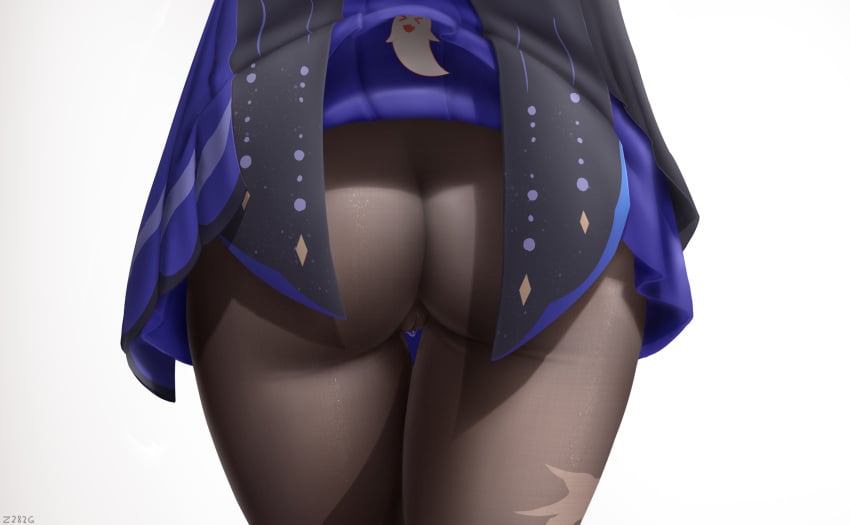 ass ass_focus black_legwear blue_skirt cameltoe clothes_lift female from_behind genshin_impact ghost_print highres keqing_(genshin_impact) keqing_(opulent_splendor)_(genshin_impact) lower_body miniskirt no_panties out_of_frame pantyhose pleated_skirt pussy_juice simple_background skirt skirt_lift solo thigh_gap wet wet_clothes white_background z282g