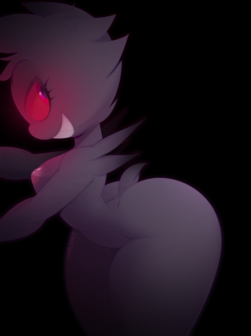 anthro ass breasts erect_nipples female gengar glowing glowing_eyes grin hi_res looking_back milkibee navel nintendo nipples nude pink_nipples pokémon_(species) pokemon pokemon purple_body red_eyes red_sclera short_tail side_boob simple_background small_breasts smile solo teeth_showing video_games wide_hips