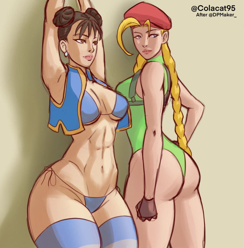 2girls abs arms_up ass ass_focus big_ass big_breasts bikini bikini_bottom blonde_hair breasts brown_hair cammy_white capcom chun-li colacat95 female female_only large_breasts leotard lingerie looking_back multiple_girls muscular panties street_fighter street_fighter_iv street_fighter_v string_bikini string_panties thick_thighs thighhighs underwear