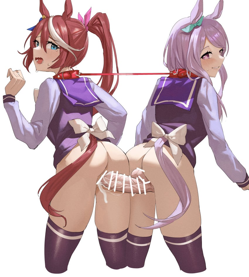 1futa absurdres animal_ears aqua_ribbon ass back back_view bar_censor big_penis black_legwear blue_eyes bottomless brown_hair censored clothed clothing cock-tail collar cum cum_in_pussy duo ear_ribbon feipin_zhanshi from_behind futa_on_female futa_with_female futanari hair_ribbon highres horse_ears horse_girl horse_tail human leash light-skinned_female light-skinned_futanari light_skin long_hair long_sleeves looking_at_viewer looking_back mejiro_mcqueen_(umamusume) mostly_clothed multicolored_hair multiple_girls open_mouth penis pink_ribbon ponytail purple_eyes purple_hair red_collar ribbon school_uniform sex simple_background standing streaked_hair tail testicles thighhighs tokai_teio_(umamusume) tracen_school_uniform umamusume vaginal_penetration white_background white_hair