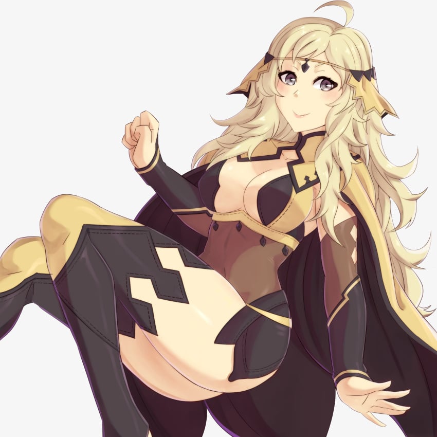 1girls absurdres ahoge asymmetrical_bangs bangs bare_thighs blonde_hair bodystocking breasts cape circlet closed_mouth covered_navel female female female_only fire_emblem fire_emblem_fates gauntlets grey_eyes highres long_hair lucky_zero medium_breasts nintendo ophelia_(fire_emblem) panties thighhighs thighs turtleneck underwear yellow_panties