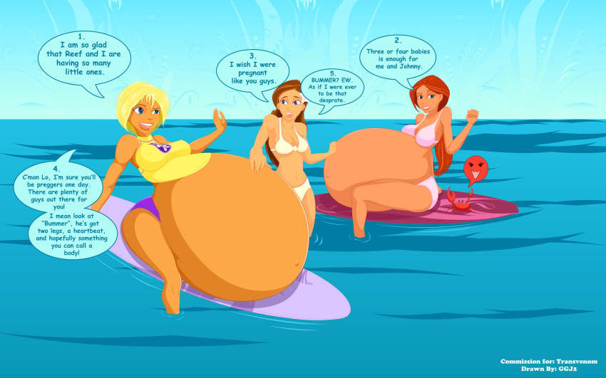 3girls belly big_belly big_breasts bikini breasts cleavage female female_focus female_only ggj2 huge_belly hyper_pregnancy nipple_bulge ocean pregnancy_envy pregnant stoked surfboard swimsuit