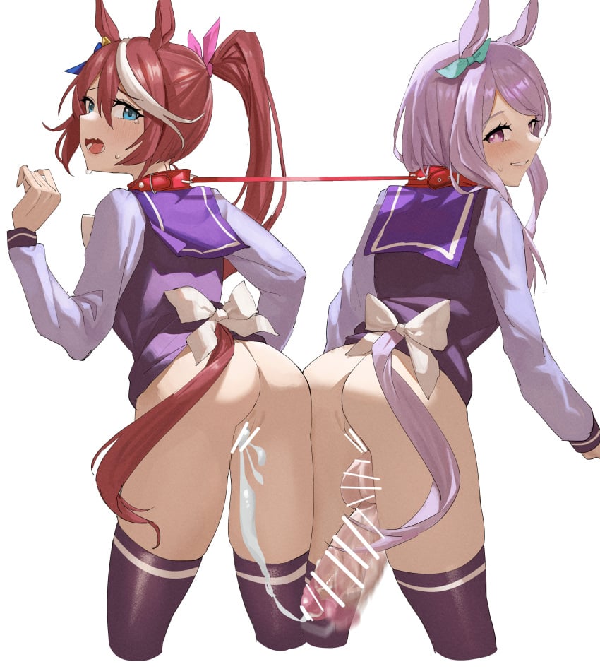 1futa 1girls absurdres after_sex after_vaginal animal_ears aqua_ribbon ass bar_censor black_legwear blue_eyes brown_hair censored collar cum cum_in_pussy ear_ribbon feipin_zhanshi female from_behind futanari hair_ribbon highres horse_ears horse_girl horse_tail leash long_hair long_sleeves looking_at_viewer looking_back mejiro_mcqueen_(umamusume) multicolored_hair open_mouth penis pink_ribbon ponytail purple_eyes purple_hair red_collar ribbon school_uniform simple_background streaked_hair tail testicles thighhighs tokai_teio_(umamusume) tracen_school_uniform umamusume white_background white_hair