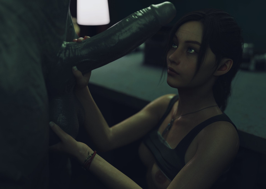 1girls 1monster 3d 3d_(artwork) balls black_hair breasts breasts_out capcom circumcised claire_redfield close-up collarbone colored female from_side hetero holding_balls holding_penis large_penis looking_at_penis looking_up monster mr_x necklace nipples partial_male penis resident_evil resident_evil_2 resident_evil_2_remake sleeveless_shirt small_breasts smirk stephanie23 straight tyrant tyranted wristband