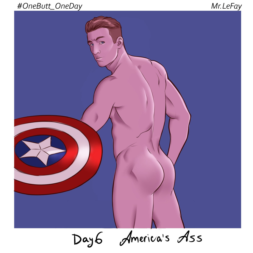 1boy actor ass captain_america captain_america's_shield captain_america_(series) celebrity chris_evans human human_only light-skinned_male light_skin looking_back male male_focus male_only marvel marvel_cinematic_universe mr._le_fay muscular muscular_male nude nude_male onebutt_oneday_2022 shield solo solo_male steve_rogers