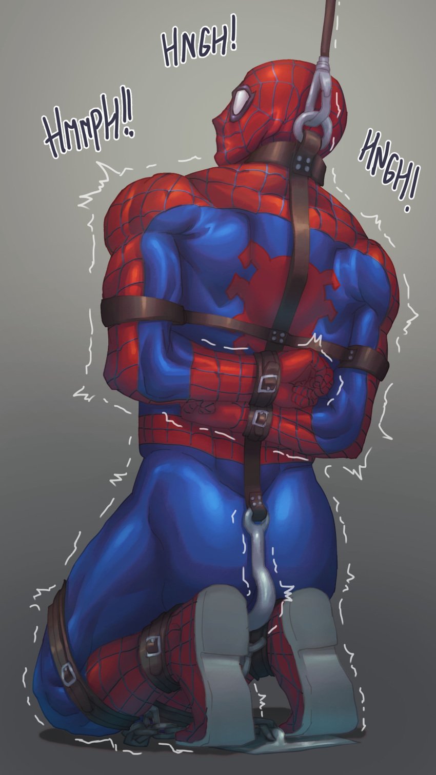 1boy arms_behind_back bondage hands_behind_back male male_only malesub marvel muscular muscular_male on_knees restrained skin_tight smooth_skin solo solo_male spider-man spider-man_(series) struggling thick_ass tight_clothing tight_fit tightweb