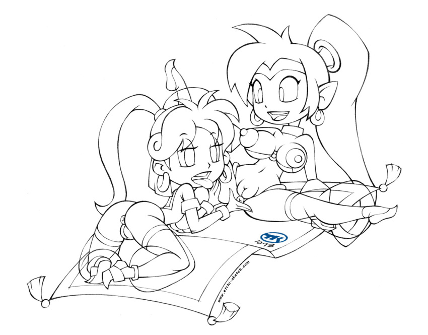 2girls anus asha_(monster_world) black_and_white breasts carpet female female_only fingering magic_carpet monochrome multiple_girls ponytail pussy shantae shantae:_half-genie_hero shantae_(character) shantae_and_the_pirate's_curse sketch smile smooth_skin spread_legs tongue_out turk128 wonder_boy_(series) yuri