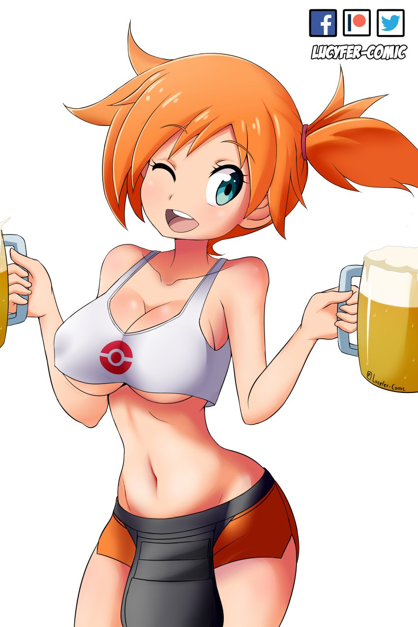 1girls absurdres alcohol alternate_breast_size alternate_costume apron artist_name bangs bare_shoulders beer beer_mug black_apron blue_eyes brand_name_imitation breasts cleavage collarbone cowboy_shot creatures_(company) crop_top cup drink eyebrows_visible_through_hair female female_only game_freak hair_tie hands_up happy highres holding hooters kasumi_(pokemon) large_breasts looking_to_the_side lucyfercomic mug navel nintendo one_eye_closed open_mouth orange_hair orange_shorts poke_ball_symbol poke_ball_theme pokemon pokemon_(game) pokemon_rgby shiny shiny_hair shiny_skin shirt short_hair short_shorts shorts side_ponytail signature simple_background smile solo standing tank_top teeth underboob waitress watermark white_background white_shirt wink