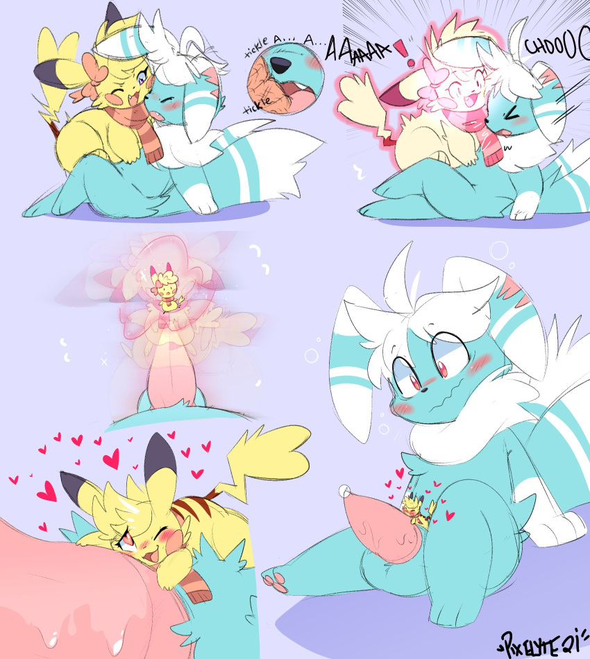 blush bodily_fluids cum duo female feral genital_fluids genitals heart hi_res localcatboy macro male meowstic micro nintendo penis pikachu pixelyteskunk pokémon_(species) pokemon precum sex shrinking shrunk size_difference size_play size_transformation sneeze sparkle_chu transformation video_games