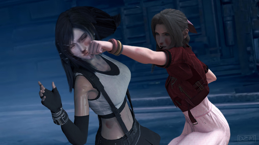 2girls 3d aerith_gainsborough catfight delzelma female female_only final_fantasy final_fantasy_vii final_fantasy_vii_remake tifa_lockhart