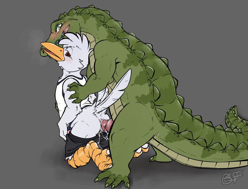 absurd_res alligator alligatorid anal anal_sex anthro avian benji_(artist) benji_alligator_(benji) bird blush bodily_fluids braces clothed clothed_sex clothing crocodilian cum duo genital_fluids hi_res holding_arm looking_back male male/male penetration reptile scalie sex stork stork_dude