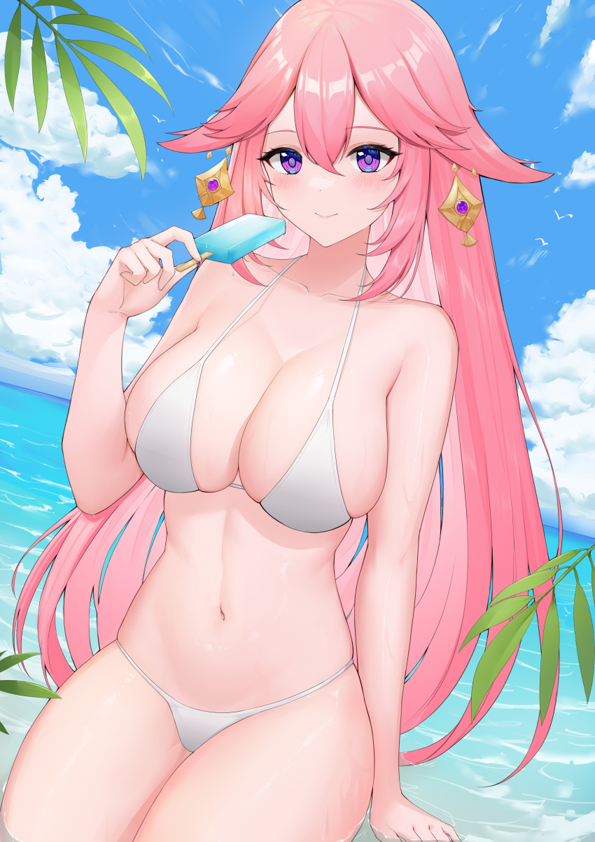 1girls big_breasts bikini bikini_bottom bikini_top blush breasts cleavage ear_piercing earrings female female_only genshin_impact hair huge_breasts long_hair mature mature_female pink_hair popsicle purple_eyes solo solo_female swimsuit swimwear thighs uka_(315302627) water white_bikini yae_miko