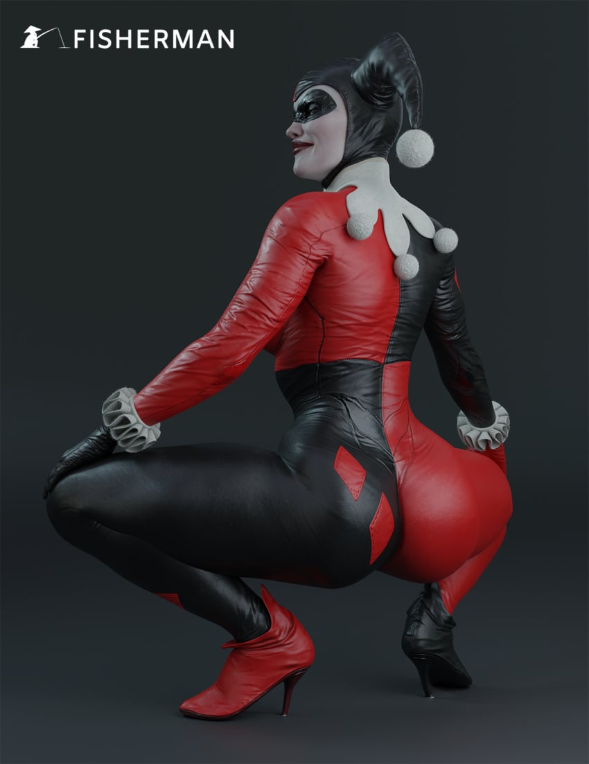 1girls 3d batman:_arkham_knight batman_(series) blender blue_eyes clothed_female dc dc_comics female female_only fisherman harley_quinn harley_quinn_(classic) harley_quinn_(injustice) injustice_2 jester jester_cap jester_costume light-skinned_female light_skin mask masked masked_female solo watermark