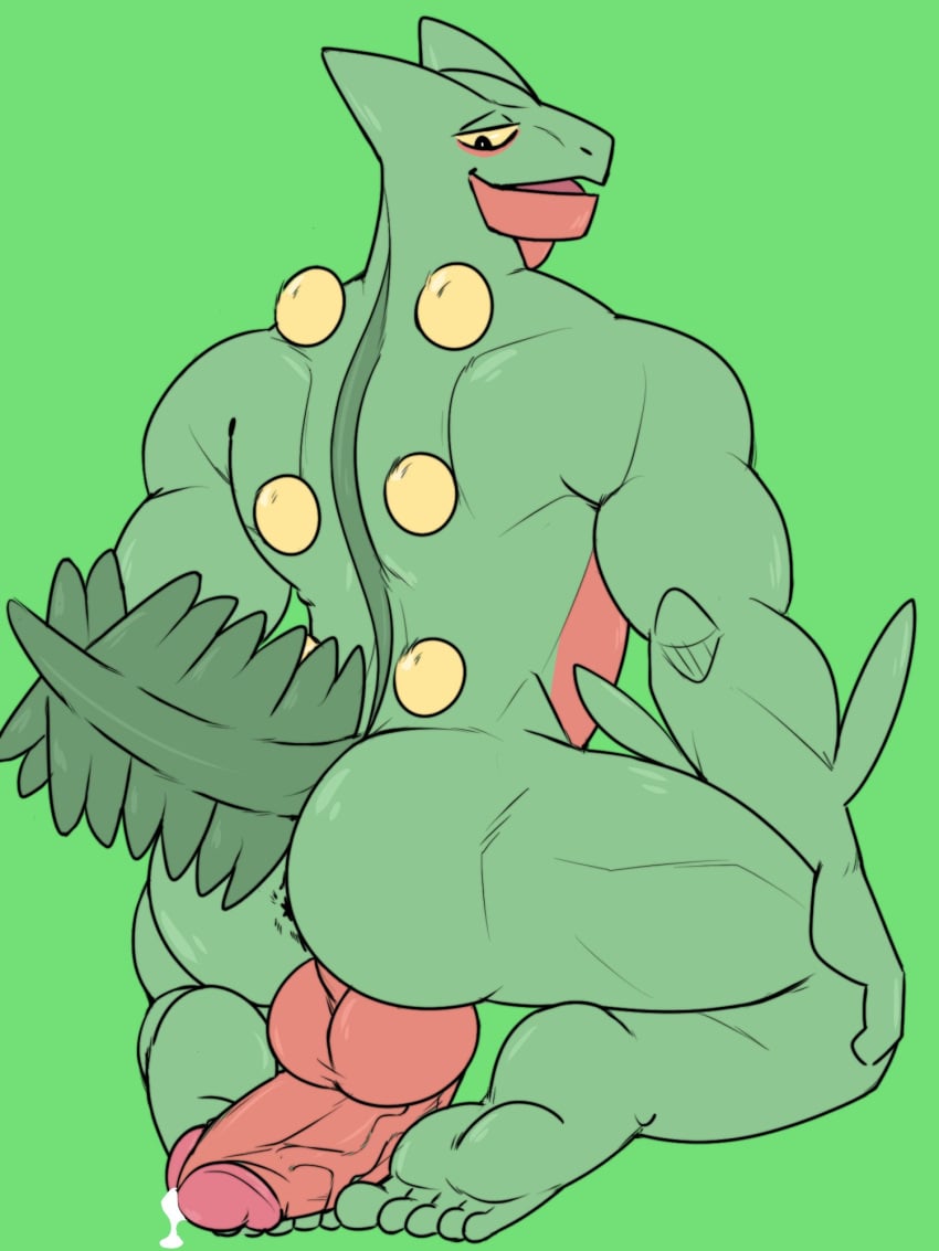 3:4 anthro anus ass backsack balls bodily_fluids castrodour cum feet flaccid genital_fluids genitals green_background green_body hi_res humanoid_genitalia humanoid_penis kneeling male male_only muscular muscular_anthro muscular_male nintendo nude penis pokémon_(species) pokemon pokemon_(species) sceptile simple_background solo video_games