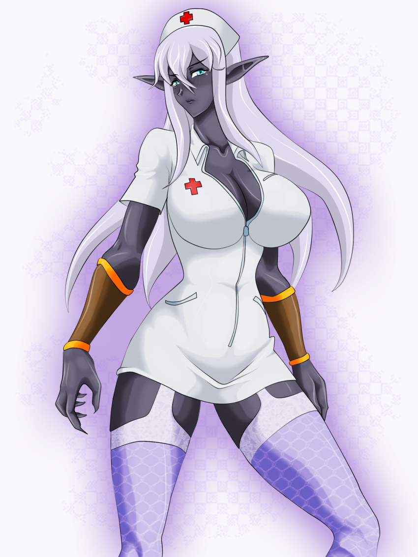 blue_eyes dark_elf grey_skin huge_breasts lloth_(supernova) nurse_hat nurse_uniform purple_hair supernova_(artist)