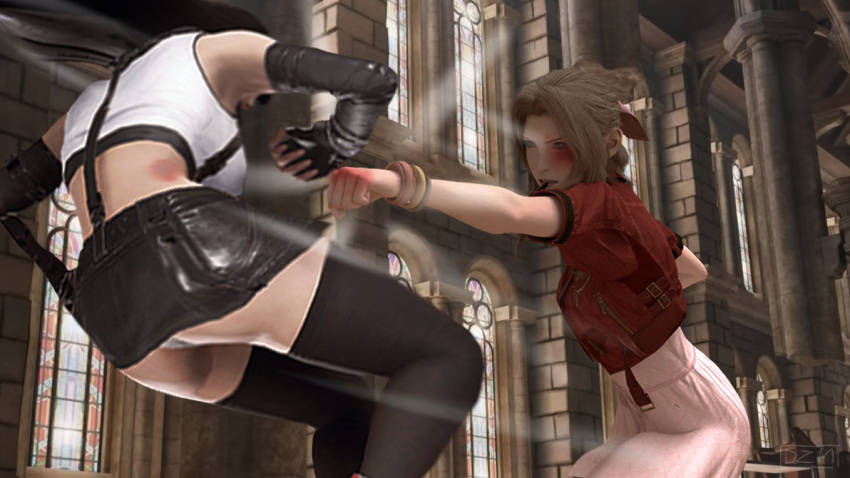 2girls 3d aerith_gainsborough catfight delzelma female female_only final_fantasy final_fantasy_vii final_fantasy_vii_remake tifa_lockhart