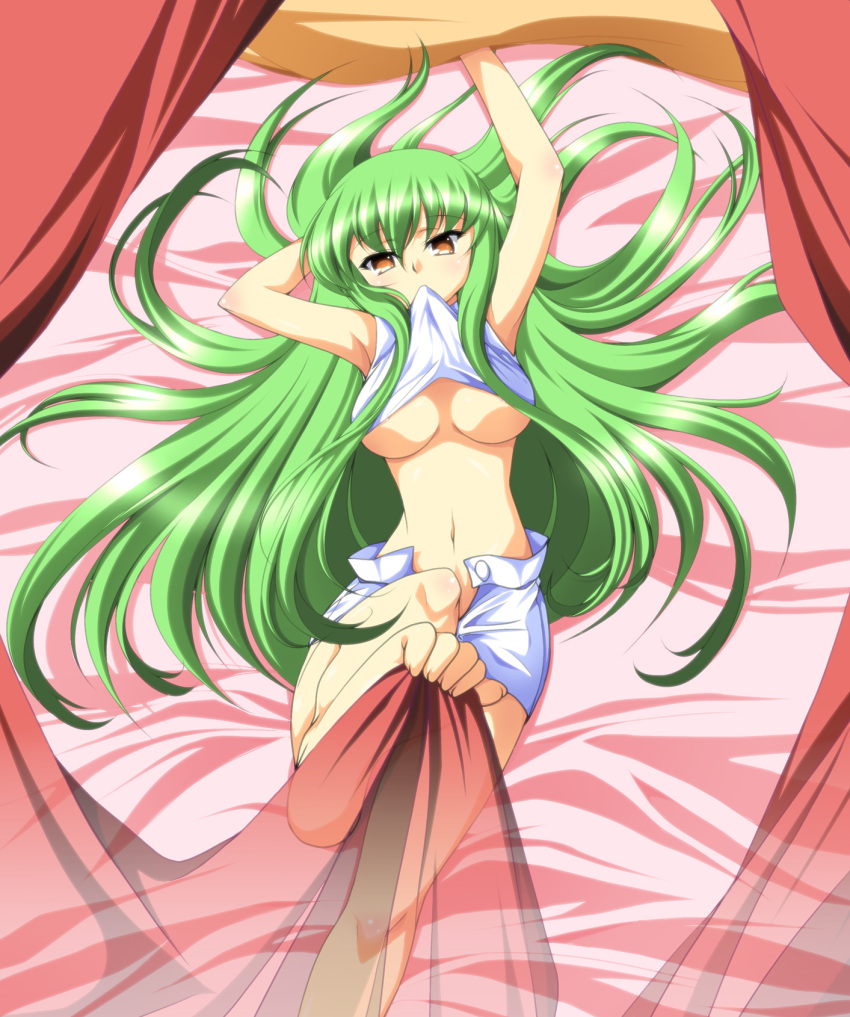 1girls armpits bad_feet bangs barefoot bed breasts c.c. clothes_lift code_geass feet green_hair ka2 large_breasts long_hair lying midriff mouth_hold navel see-through shirt_lift shorts solo underboob yellow_eyes