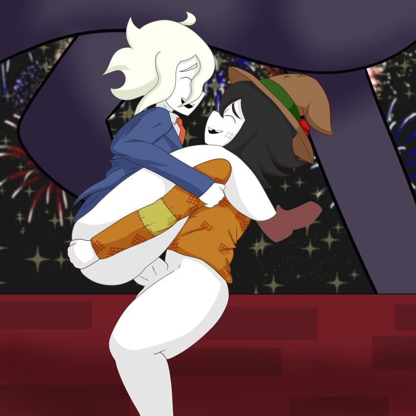 2d arcadekitten carrying carrying_partner carrying_position crowscare embry_(inmimb) fireworks happy happy_sex inmimb it's_not_me_it's_my_basement kissing missing_tooth nsfw ryo_(crowscare) skinny statue toony white_hair white_skin