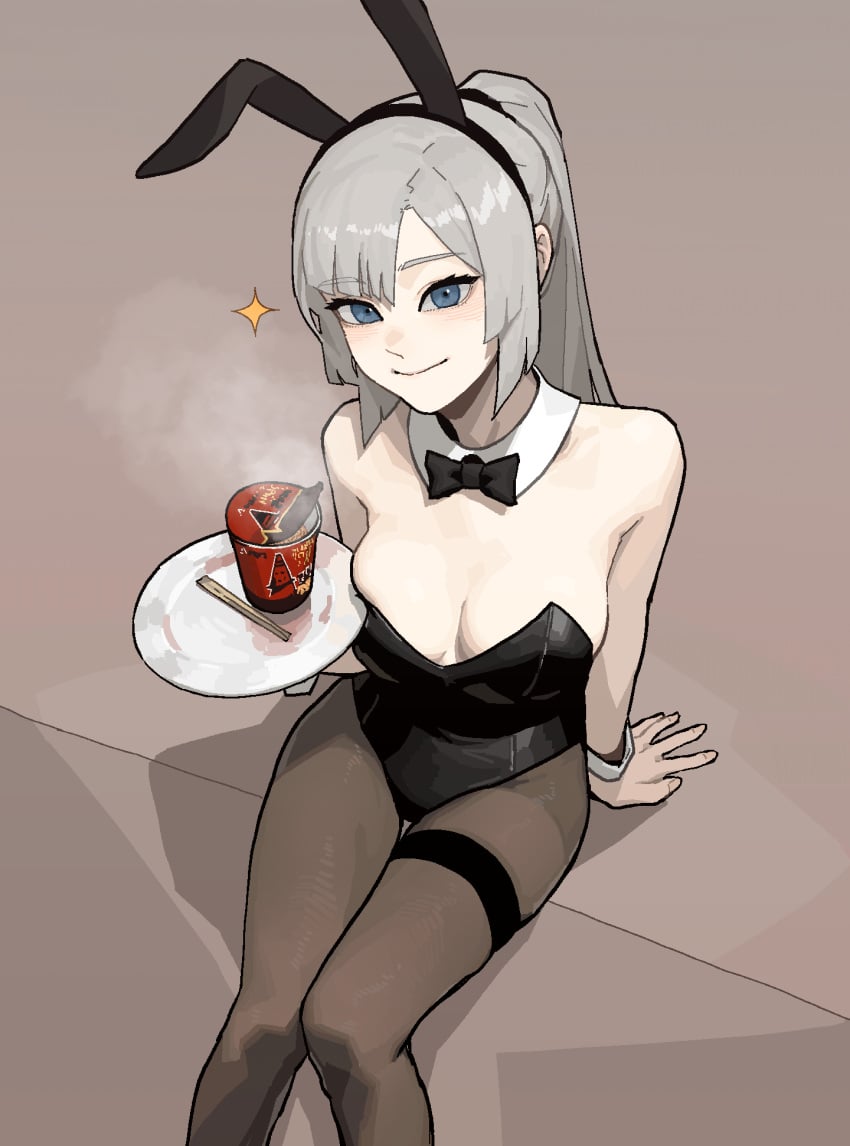 1girls big_breasts bunny_ears bunny_girl bunnysuit chopsticks cleavage female female_only food gogalking heels insact leotard light_skin offering original pantyhose ramen solo vampire_(gogalking)