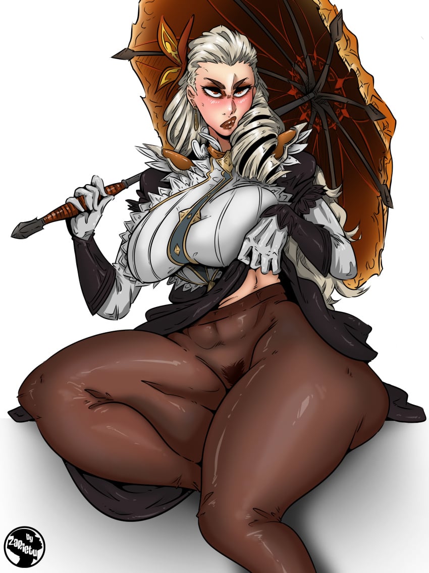 1girls abs amber_eyes amber_lips big_ass big_breasts black_skirt blush blushing_at_viewer clothed clothed_female disgusted disgusted_look drill_hair earrings embarrassed exhibitionism exposed female female_focus female_only full_body full_color gauntlets hair_ornament league_of_legends league_of_legends:_wild_rift leona_(league_of_legends) lipstick looking_at_viewer no_panties pantyhose pubic_hair pussy_hair riot_games shoulder_pads sitting skirt skirt_lift skirt_up thick_ass thick_thighs umbrella victorian white_background white_clothing white_gloves white_hair white_skin wide_hips zarietu