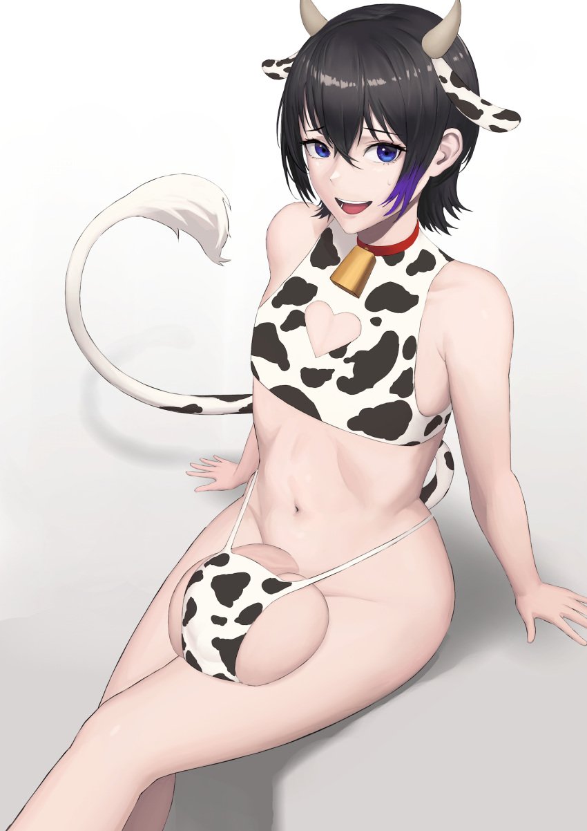 1boy balls balls_on_leg balls_under_clothes clothed clothing cock_thigh_sandwich cow_boy cow_ears cow_print cow_tail cowbell embarrassed femboy flaccid g-string girly horns huge_balls huge_testicles humanoid humanoid_penis hung_trap kemonomimi light-skinned_male light_skin male male_only misago_(artist) mostly_nude penis purple_eyes sitting skinny solo thong twink wardrobe_malfunction