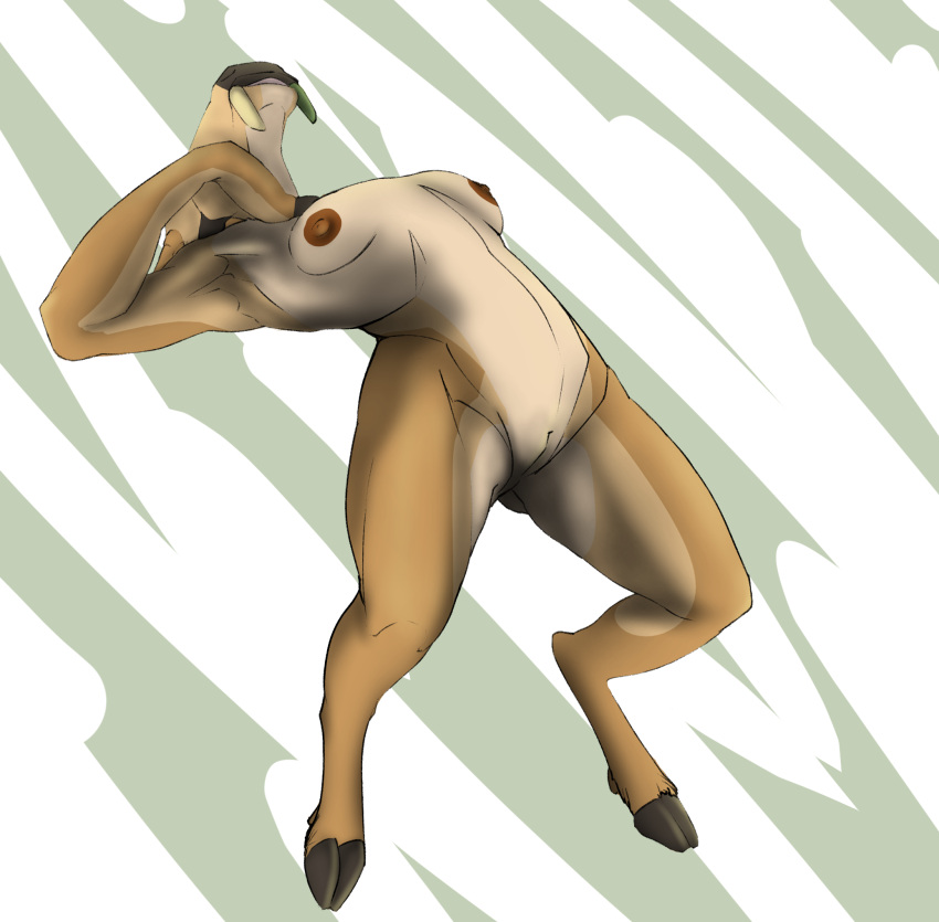 anthro arched arched_back breasts cervid dom10o dreamworks female genitals hand_on_chest hi_res hooves jade_tusk kung_fu_panda mammal nipples nude pussy solo tusks water_deer