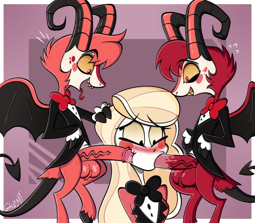 anthro ball_tuft balls blonde_hair blush blush_lines bodily_fluids bottomless bottomless_anthro bottomless_male bovid bow_tie caprine caprine_demon charlie_morningstar_(hazbin_hotel) clothed clothing curved_horn dazzle_(hazbin_hotel) demon demon_humanoid dripping erection fangs fellatio female fur genital_fluids genitals goat_demon grey_background group hair hazbin_hotel hi_res horn huge_cock humanoid humanoid_genitalia humanoid_penis long_hair male male/female mammal mrt0ony oral oral_penetration penetration penile penis precum precum_drip precum_string razzle_(hazbin_hotel) red_body red_fur saliva saliva_on_penis sex sharp_teeth simple_background smooth_skin spade_tail suit teeth tongue tongue_out trio tuft vein veiny_penis wide_eyed yellow_sclera