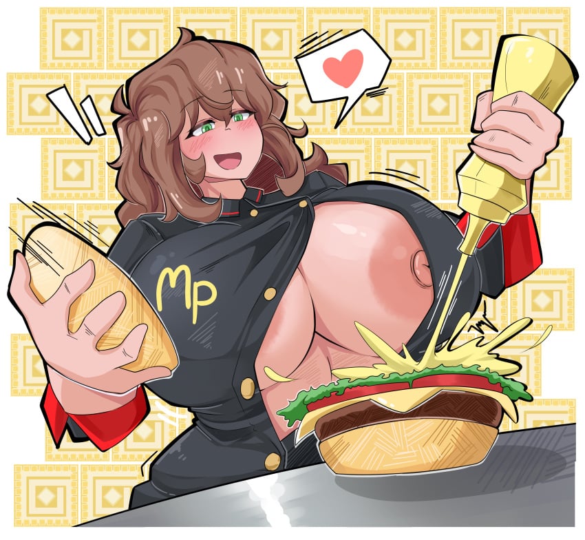 1girls big_breasts brown_hair brunette button_down_shirt comicomryu delicia_(comicomryu) exposed_nipples fast_food_uniform food green_eyes hamburger long_hair mustard original smile underboob