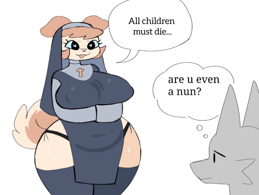 1other ambiguous_gender animal anthro big_breasts bigger_female breasts clothed clothing curvy_body curvy_female curvy_females curvy_figure dialogue english_text exposed female fur furry half_naked large_breasts large_hips nun nun_outfit puppychan revealing_clothes round_breasts saint speech_bubble tail text thick_hips thick_thighs thought_bubble wide_hips wide_thighs