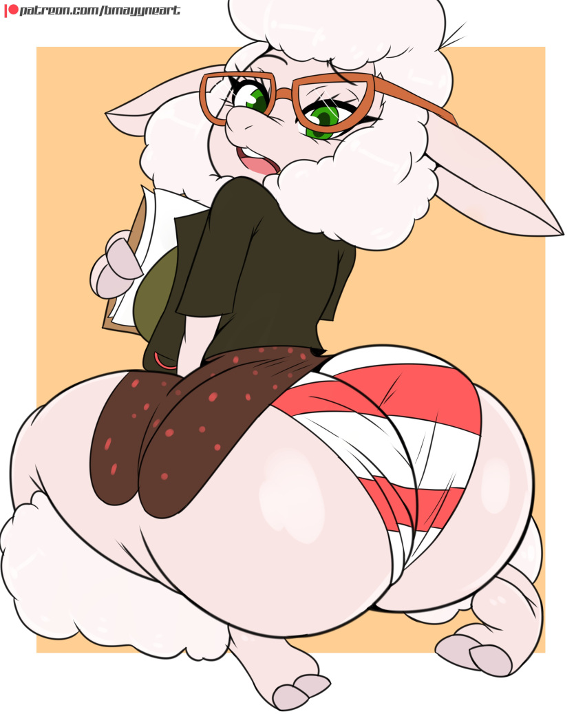 1girls anthro ass big_ass bmayneart breasts clipboard clothing dawn_bellwether glasses green_eyes huge_ass kneeling looking_at_viewer looking_back on_knees panties sheep shimapan skirt striped_panties thick_thighs wool zootopia