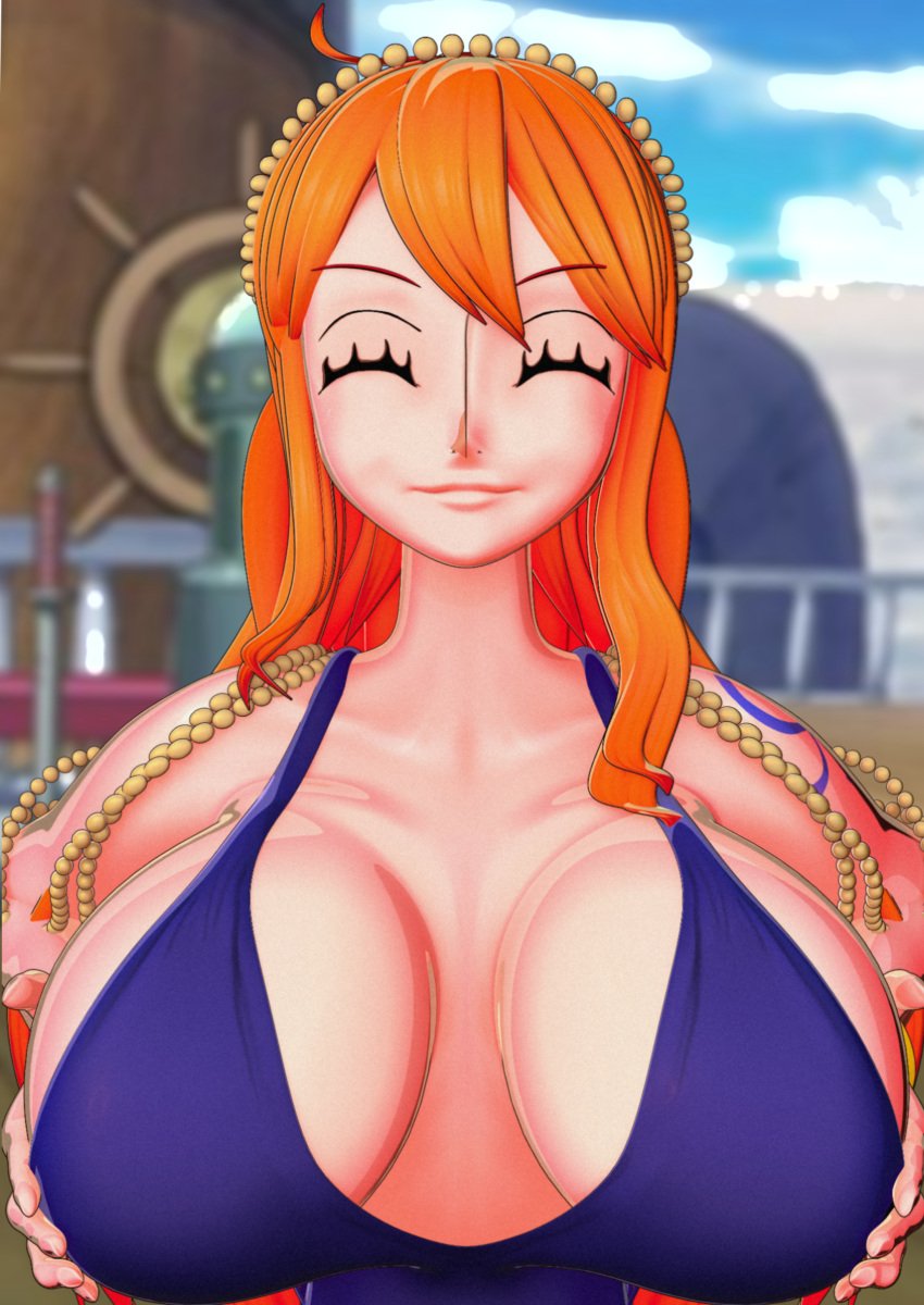 3d 3d_(artwork) artist_request big_breasts blender blender_(software) blender_eevee closed_eyes closed_mouth colarbone cum_target eyelash_fetish eyelashes female female_focus female_only grabbing_breasts grabbing_own_breasts jewelry light-skinned_female light_skin nami one_piece orange_eyes orange_hair pirate revealing_clothes ship smiling