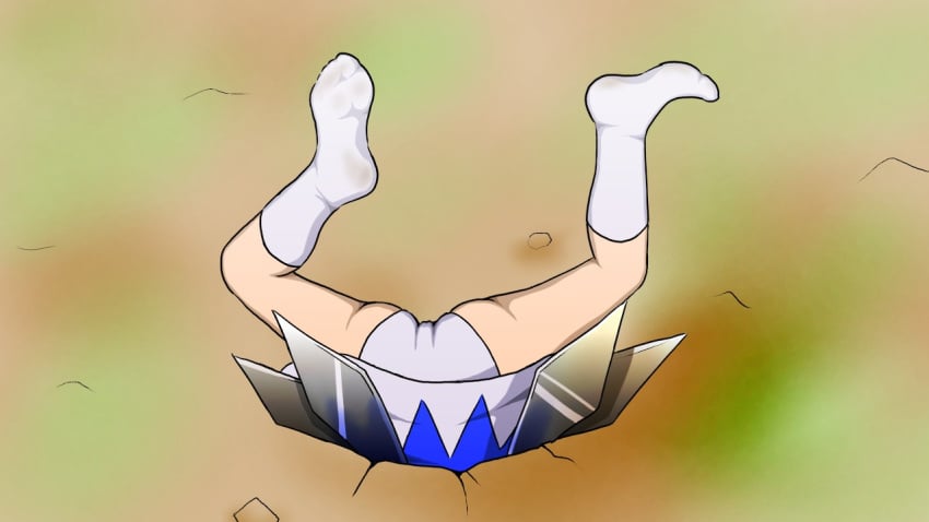 buried cirno cracked_floor dress highres humiliation inugami-ke_no_ichizoku_pose panties simple_shading stuck stuck_in_floor touhou white_panties white_socks