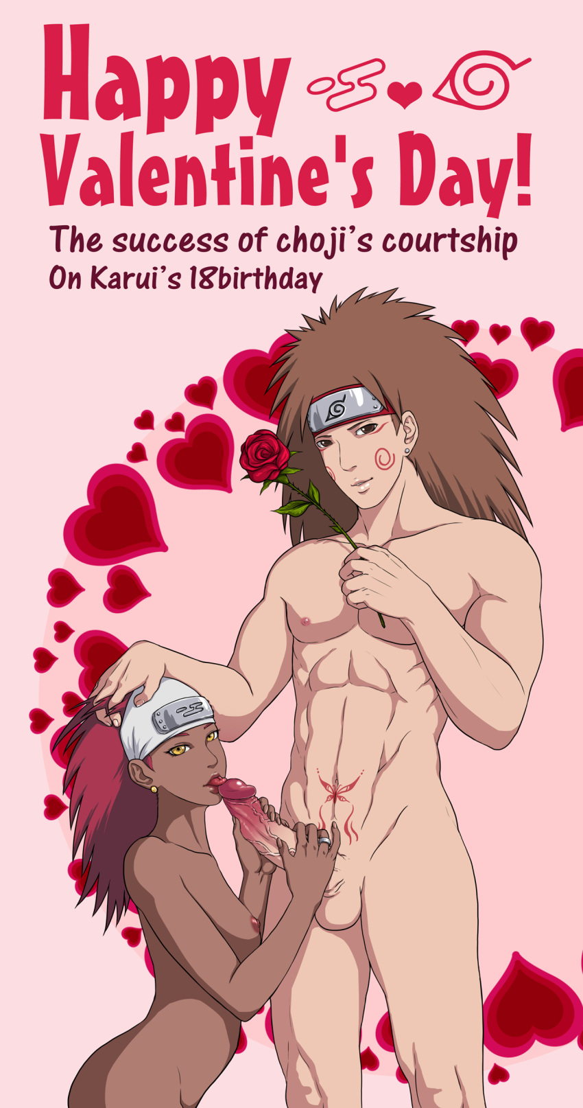 1boy 1girls akimichi_chouji alternate_body_type artist_request athletic athletic_male bandana big_penis brown_eyes brown_hair canon_couple couple dark-skinned_female dark_skin duo erect_penis erection fellatio fit fit_male flower hand_on_head headband holding_object interracial karui konohagakure_symbol kumogakure_symbol licking licking_penis light-skinned_male light_skin looking_at_viewer male/female muscular muscular_male naked naruto naruto_shippuden oral oral_sex red_hair rose tan_skin thin valentine's_day yellow_eyes