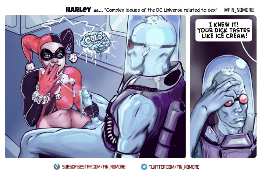 1boy 1girls after_sex batman_(series) bottomless comic dc dc_comics dialogue english_text erect_nipples fellatio fin_nomore funny harley_quinn harley_quinn_(classic) male mr._freeze oral oral_sex penis speech_bubble