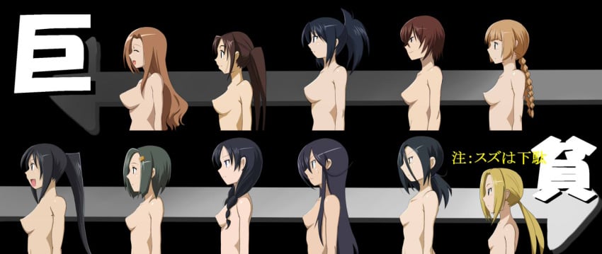 11girls 6+girls black_hair blonde_hair braid brown_hair female female_only hetare_(pixiv) huge_breasts large_breasts long_hair medium_breasts multiple_girls ponytail seitokai_yakuindomo short_hair small_breasts